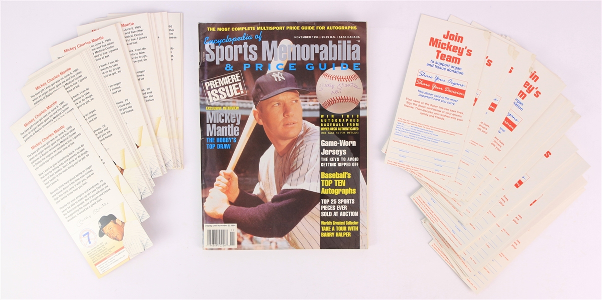 1994-95 Mickey Mantle New York Yankees Memorabilia Collection w/ Encyclopedia of Sports Memorabilia Price Guide & (100) Join Mickeys Team Organ Donation Brochures