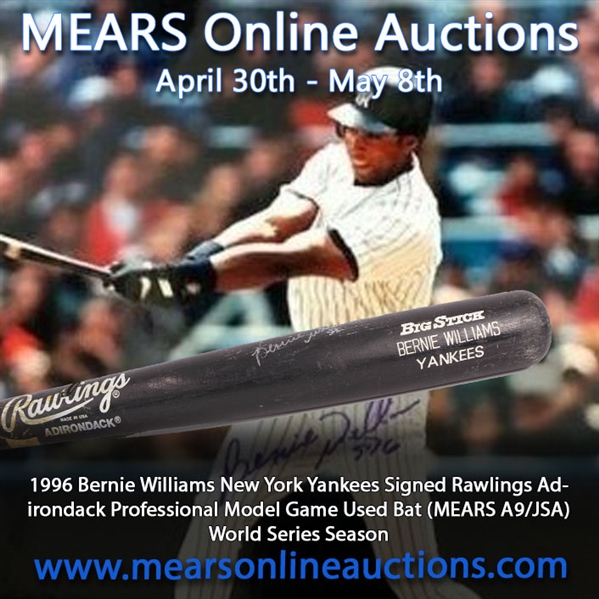 1996 Bernie Williams New York Yankees Signed Rawlings Adirondack Professional Model Game Used Bat (MEARS A9/JSA) World Series Season