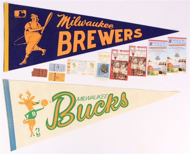 1970s-2000 Pennant & Ticket Stub Collection - Lot of 11 w/ Milwaukee Brewers Inaugural Season Full Size Pennants, 1975 All Star Game Stub & More
