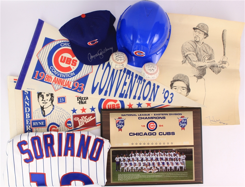 1980s-2000s Chicago Cubs Memorabilia Collection - Lot of 9 w/ Full Size Pennants, Construction Helmet, Ryne Sandberg Signed Cap & More (JSA)