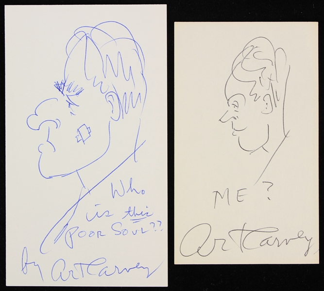 1970s Art Carney The Honeymooners Signed Index Card Sketches - Lot of 2 (JSA) 