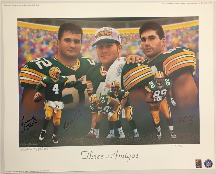 1996 Brett Favre, Frank Winters, Mark Chmura Green Bay Packers Signed "Three Amigos" 23x29 Print (JSA)