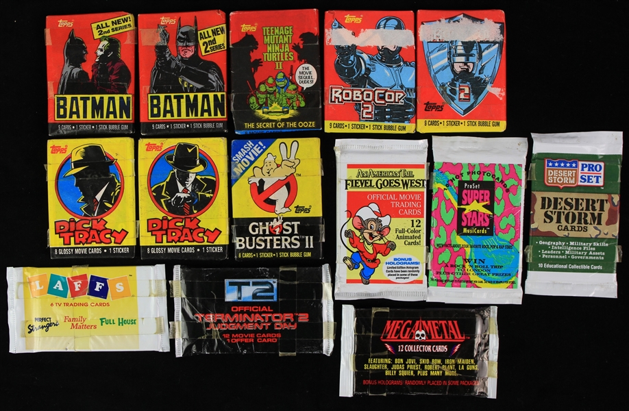 1980s-90s Non Sports Trading Cards Sealed Packs - Lot of 14 w/ Batman, Desert Storm, Mega Metal, T2, Dick Tracy & More