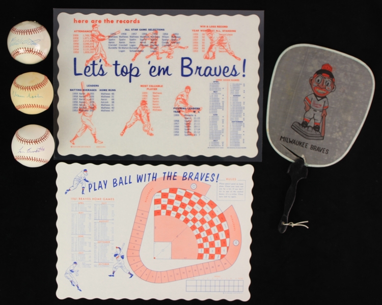 1950s-2000s Milwaukee Braves Memorabilia Collection - Lot of 6 w/ Silk Fan, Placemats & Mathews/Spahn/Burdette Signed Baseballs (JSA)
