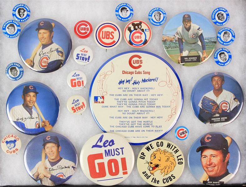 1960s-70s Chicago Cubs Pinback Button Collection - Lot of 25 w/ Ernie Banks, Ron Santo, Fergie Jenkins, Leo Durocher & More