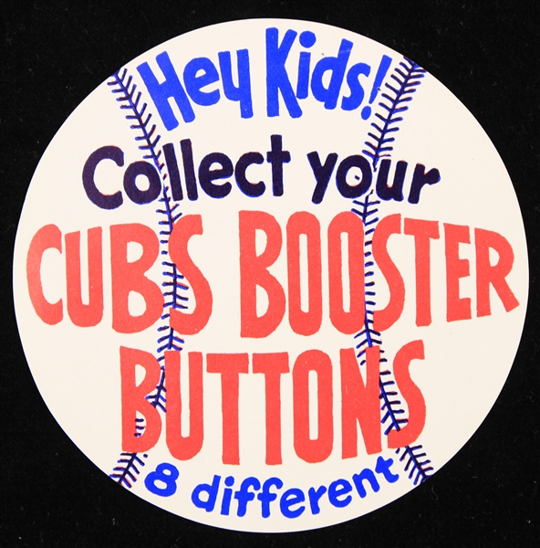 1969 circa EXTREMELY RARE & HIGH GRADE Chicago Cubs Hey Kids Collect Your Cubs Booster Buttons Die Cut Advertisement