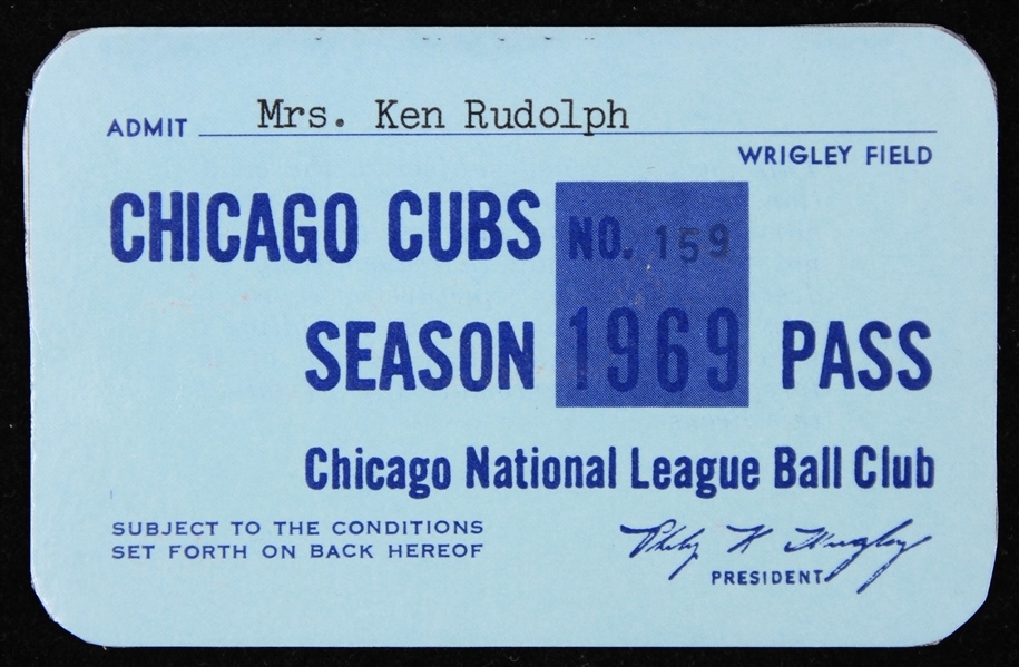 1969 Mrs. Ken Rudolph Chicago Cubs Season Pass