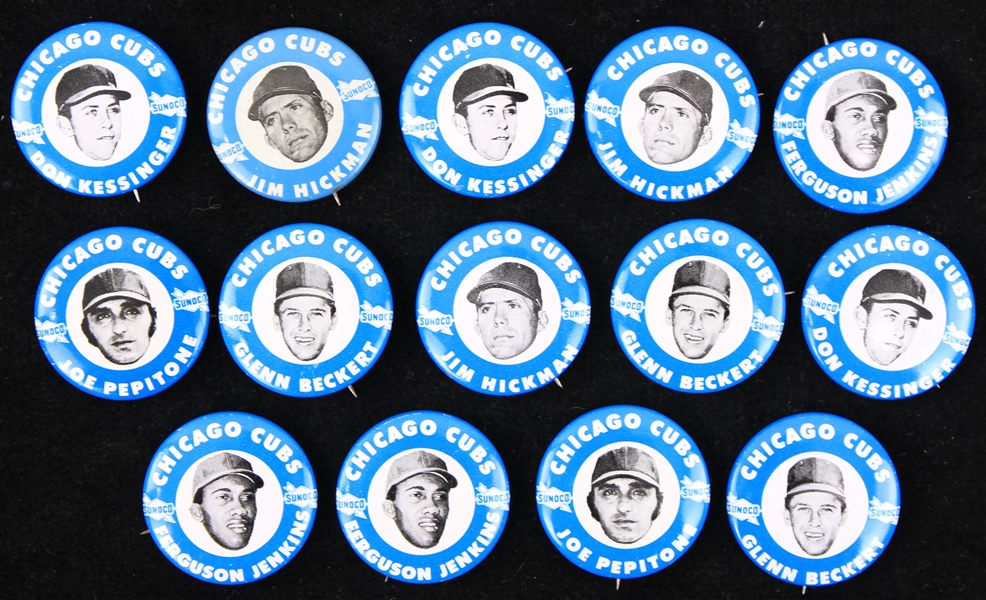 1970-73 HIGH GRADE Chicago Cubs Sunoco 1.25" Pinback Buttons - Lot of 14 w/ Fergie Jenkins, Jim Hickman, Joe Pepitone & More
