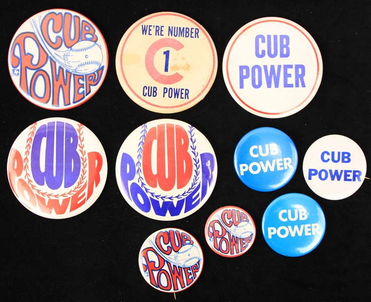 1969 circa Chicago Cubs Cub Power Pinback Button Collection - Lot of 10 "Many Rare Designs"