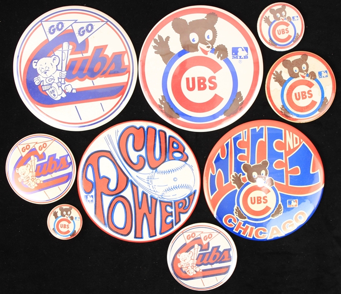 1960s-70s Chicago Cubs Pinback Button Collection - Lot of 9 w/ Cub Power & More