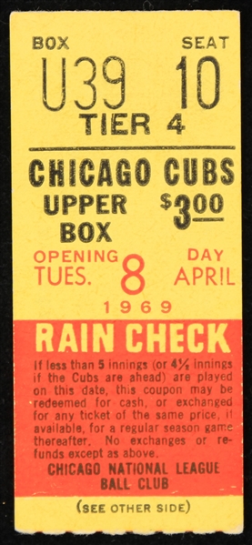 1969 (April 8) Chicago Cubs Wrigley Field Opening Day Ticket Stub (Ernie Banks Homers Twice, Willie Smith Extra Innings Walk Off HR)