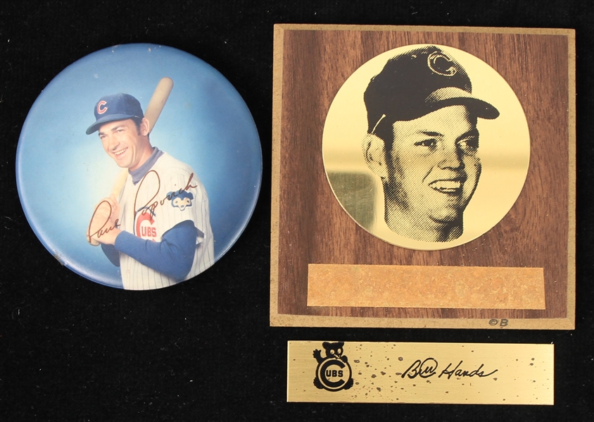 1969 Chicago Cubs Memorabilia - Lot of 2 w/ Paul Popovich 3" Pinback Button & Bill Hands 3.75" x 3.75" Mini Display