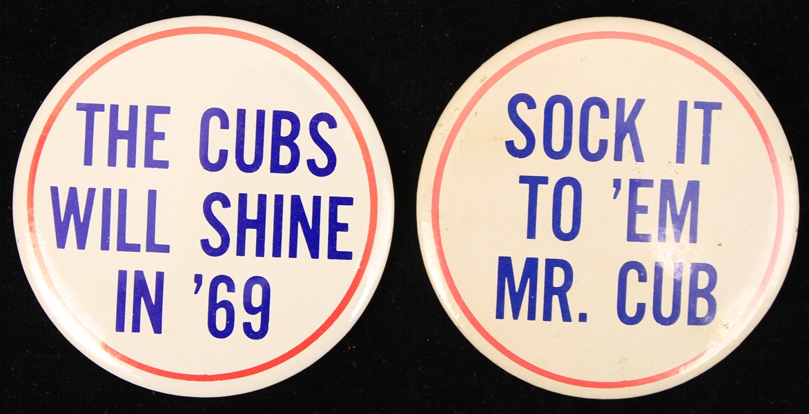 1969 Chicago Cubs Will Shine In 69 Pinback & Sock It To Em Mr. Cub 3.5" Buttons - Lot of 2