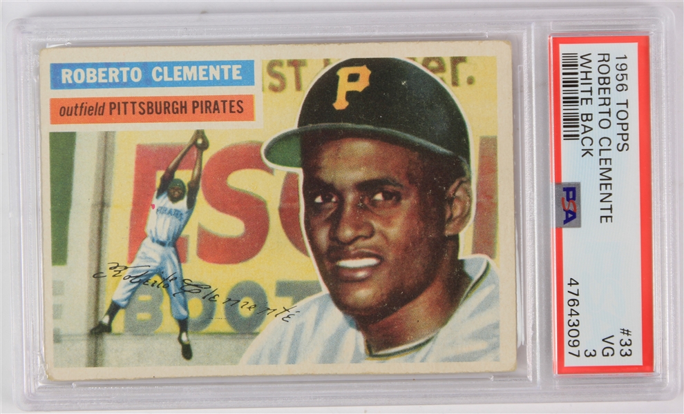 1956 Roberto Clemente Pittsburgh Pirates Topps #33 White Back Baseball Trading Card (PSA VG 3)