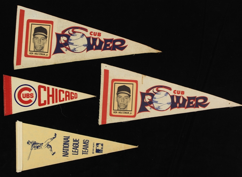 1969 Chicago Cubs Mini Pennant Collection - Lot of 4 w/ 2 Ken Holtzman Cub Power 14" Mini Pennants