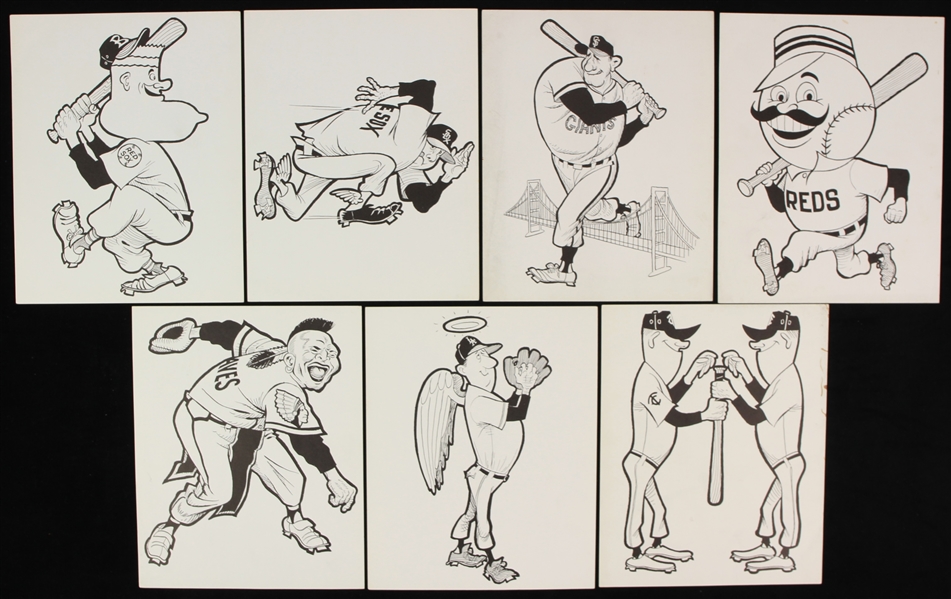 1970s Team Mascot Illustration Collection - Lot of 7 w/ San Francisco Giants, Atlanta Braves, Los Angeles Angels & More