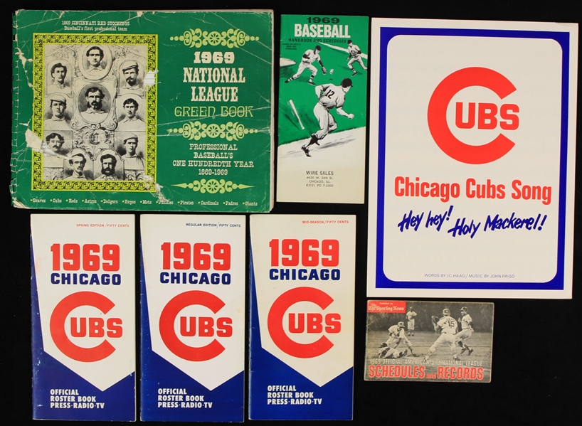 1969 Chicago Cubs Publications Collection - Lot of 7 w/ Press Radio TV Roster Book, National League Green Book & More 