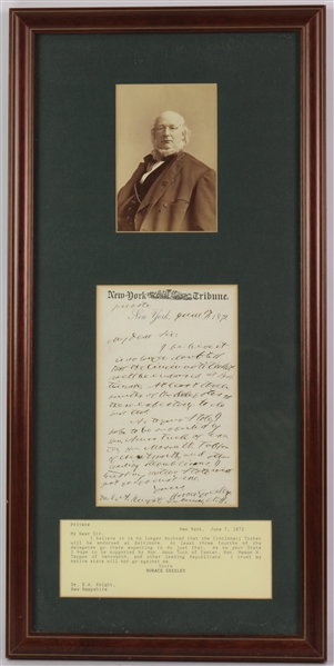 1872 Horace Greeley New York Tribune Signed Letter & Photo w/ 12x24 Frame (JSA)