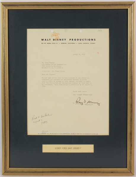 1958 Roy Disney Signed Davy Crockett Termination Letter in 13x17 Frame (JSA)