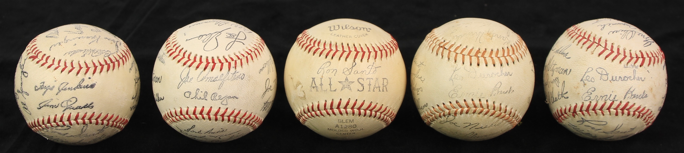 1969 Chicago Cubs Facsimile Stamped Signature Baseballs - Lot of 5 w/ 4 Team Stamped & 1 Ron Santo Wilson All Star