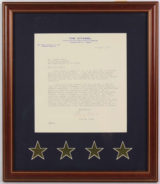 1978 Mark Clark Signed Citadel Letter with 14x16 Frame (JSA)