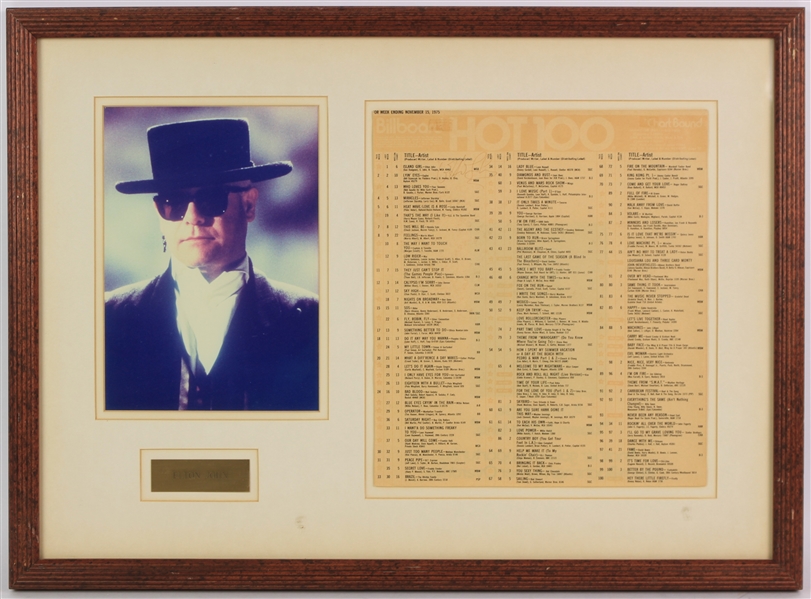 1975 Elton John Signed Billboard Hot 100 Page w/ Photo in a 18x24 Frame (JSA)
