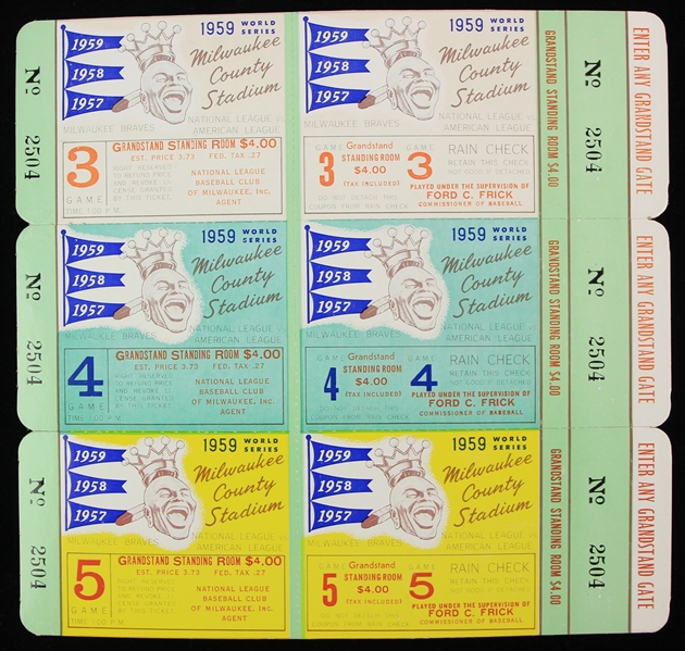 1959 Milwaukee Braves World Series Games 3, 4, & 5 Full Tickets 