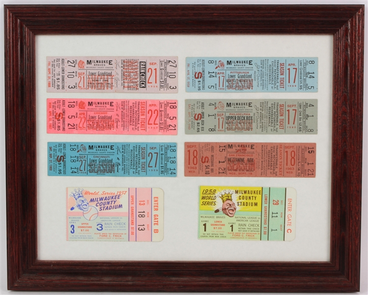1956-63 Milwaukee Braves County Stadium 12" x 15" Framed Ticket Display w/ 1957-58 World Series Stubs