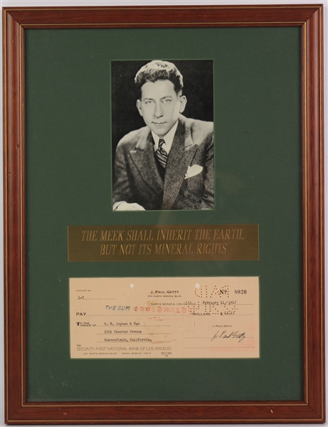 1947 J. Paul Getty Signed Check w/ Photo in a 14x18 Frame (JSA)