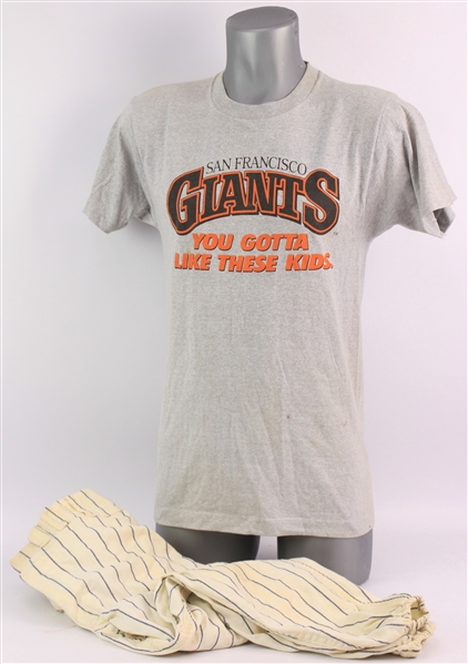 1960s-80s Baseball Apparel Collection - Lot of 2 w/ Flannel Uniform Pants & SF Giants "You Gotta Like These Kids" T-Shirt 