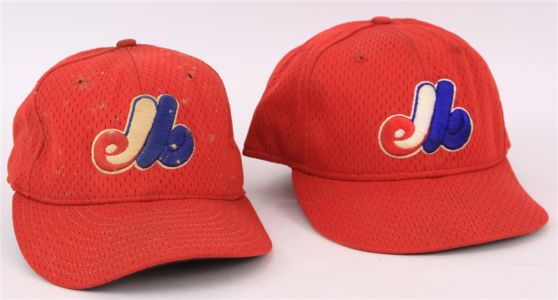 1998-2000 Dustin Hermanson Montreal Expos Game Worn Batting Practice Caps - Lot of 2 (MEARS LOA/METS Employee LOA)