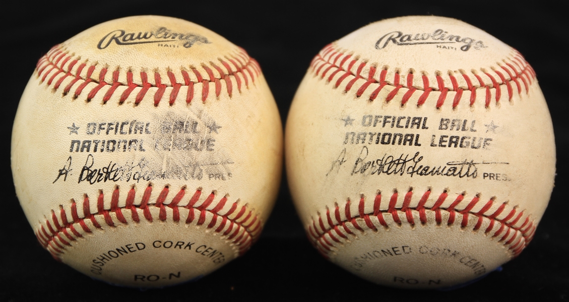 1986 (October 12) Mike Scott Houston Astros NLCS Game 4 ONL Giamatti Game Used "Cut" Baseballs - Lot of 2 (MEARS LOA/METS Employee LOA)