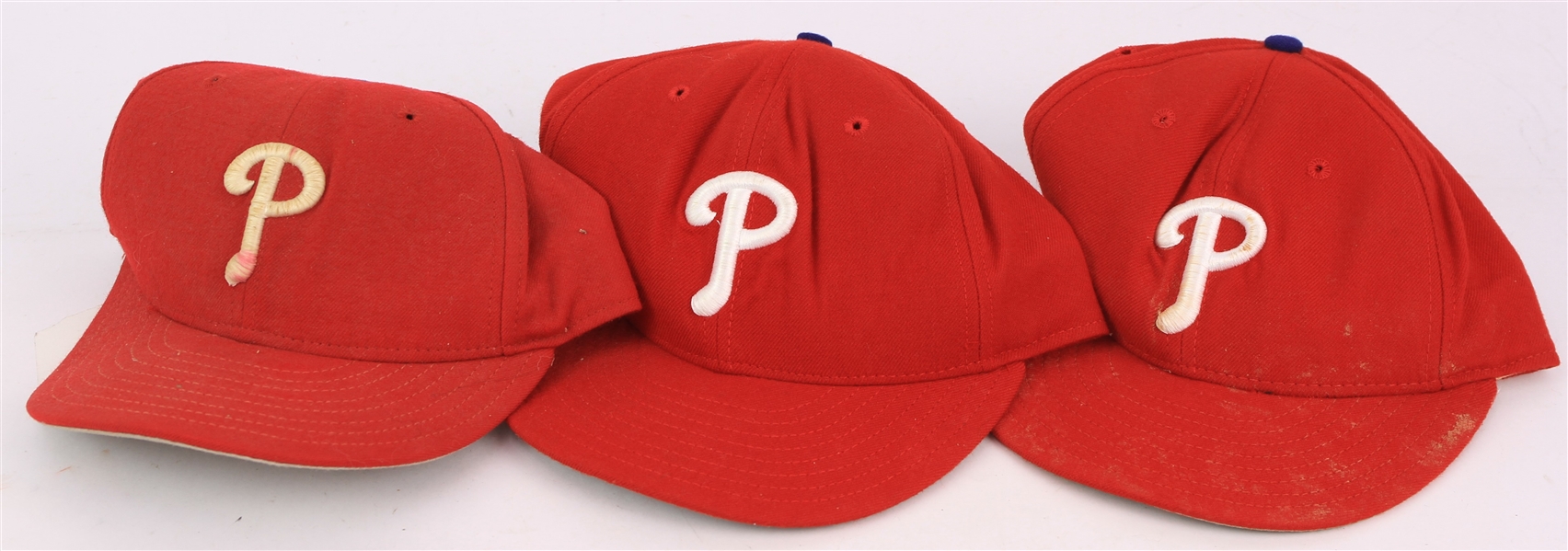 1993-97 Curt Schilling Kevin Stocker Gregg Jefferies Philadelphia Phillies Game Worn Caps - Lot of 3 (MEARS LOA/METS Employee LOA)