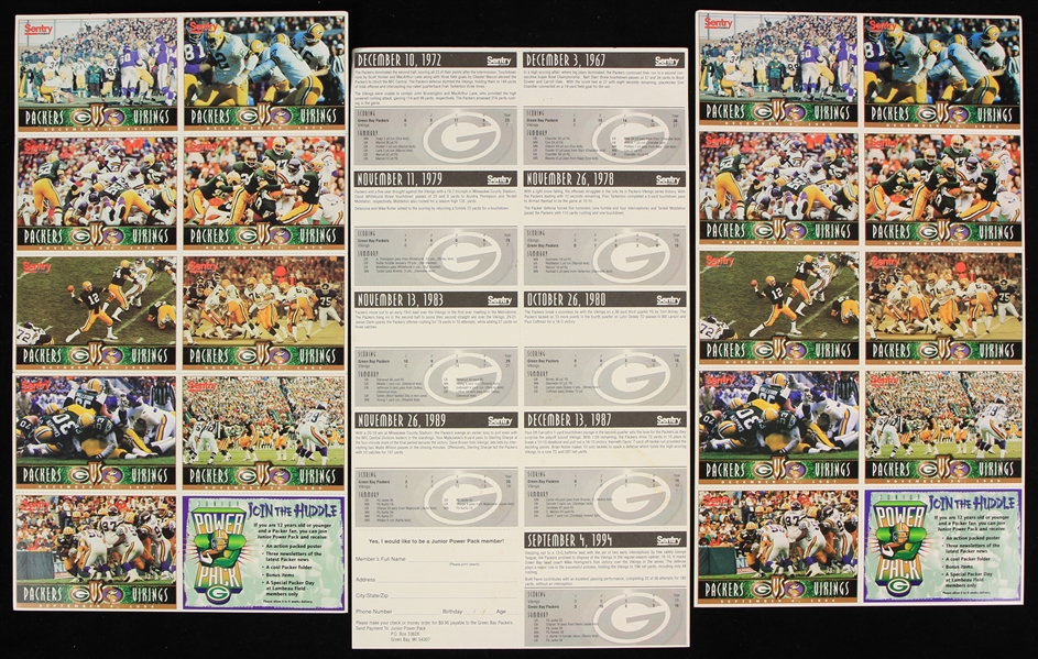 1995 Green Bay Packers vs Minnesota Vikings Uncut Sentry Football Trading Card Sheets - Lot of 3