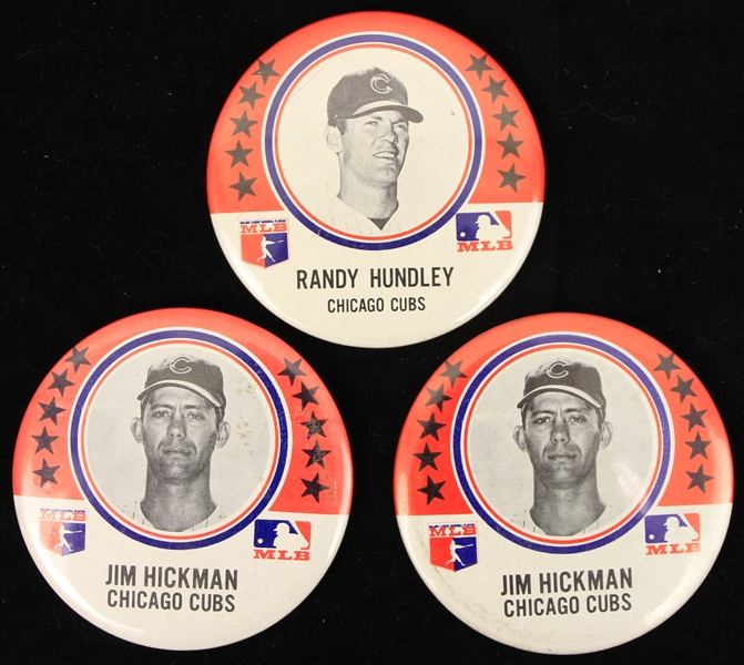 1969 Jim Hickman Randy Hundley Chicago Cubs 3.5" Pinback Buttons - Lot of 3