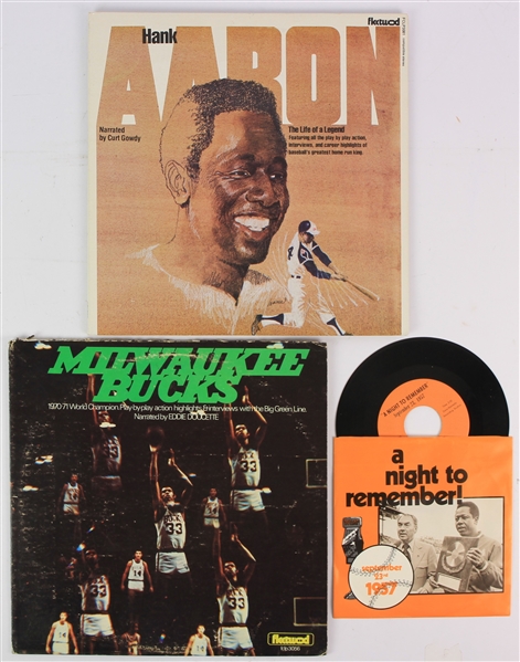 1957-74 Milwaukee Sports Record Collection - Lot of 3 w/ Milwaukee Braves A Night to Remember, Milwaukee Bucks NBA Champions & Hank Aaron Life of a Legend