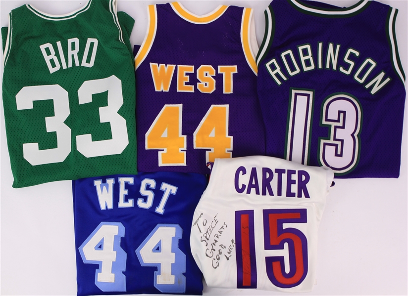 1990s Basketball Jersey Collection - Lot of 5 w/ Larry Bird, Vince Carter Signed, Glenn Robinson & Jerry West (MEARS LOA/JSA)