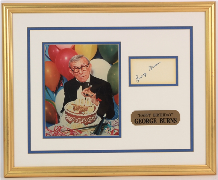 1996 George Burns Signed 100th Birthday Index Card w/ Photo in 17x21 Frame (JSA)