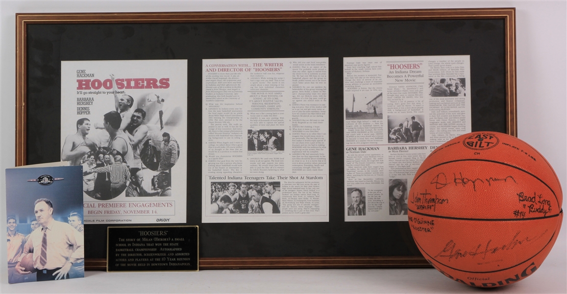1986-96 Hoosiers Movie Memorabilia Collection - Lot of 2 w/ 17" x 33" Framed Display & Gene Hackman, Dennis Hopper Signed Basketball