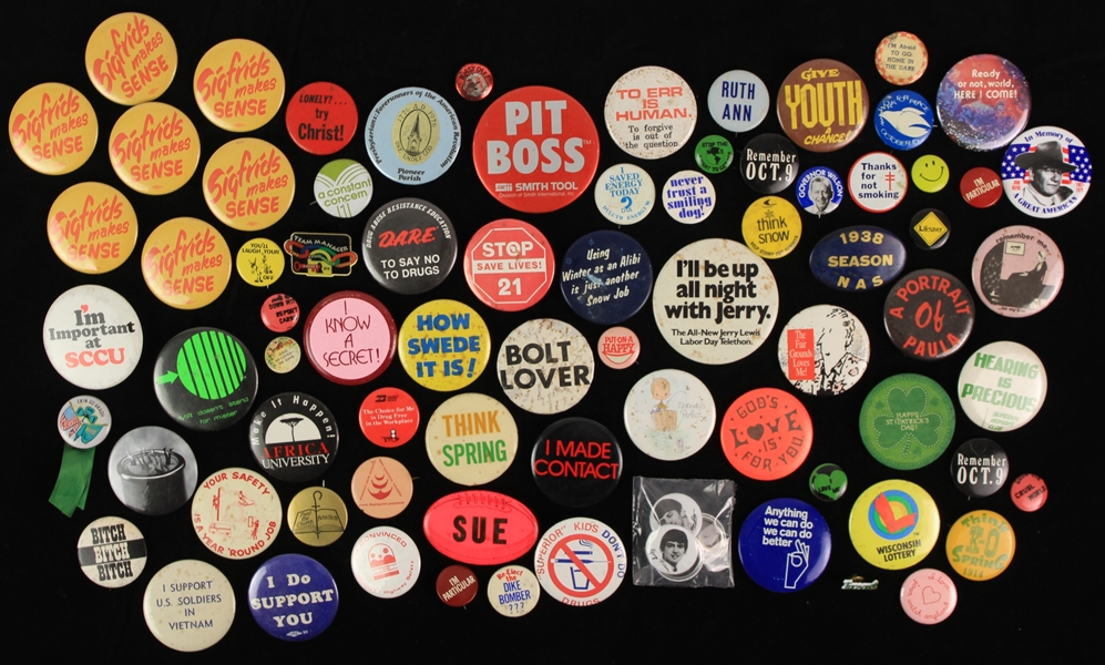 1930s-90s Americana Pinback Button Collection - Lot of 75 w/ & More