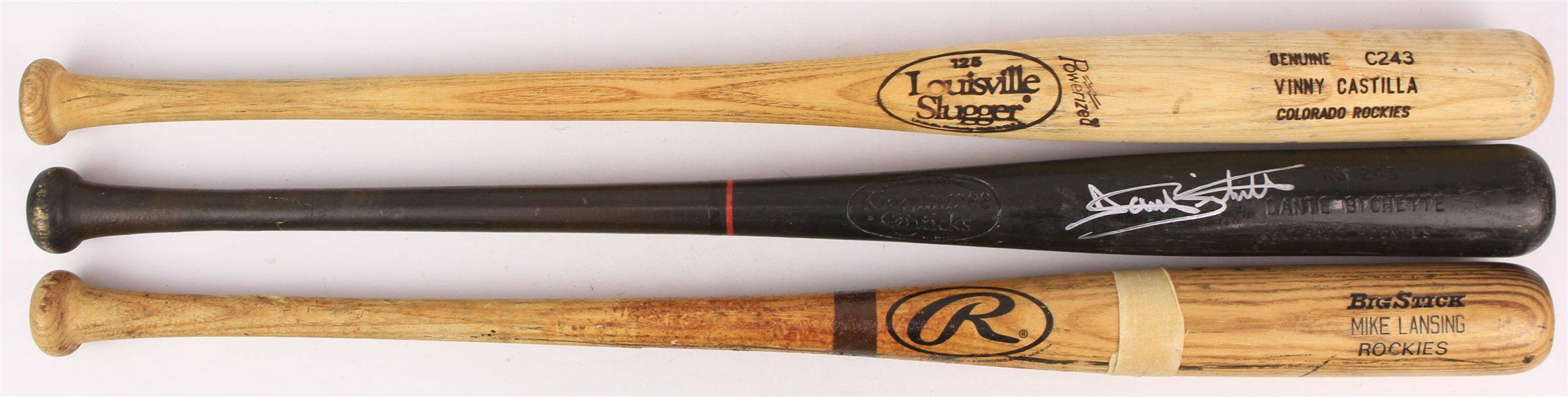 1990s Colorado Rockies Professional Model Game Used Bat Collection - Lot of 3 w/ Dante Bichette Signed, Vinny Castilla & Mike Lansing (MEARS LOA/JSA/Mets Employee LOA)