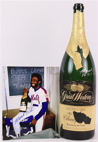 1986 Mookie Wilson New York Mets Signed World Series Celebration Great Western Jumbo Champagne Bottle w/ 2 Photos (MEARS LOA/Mets Employee LOA)
