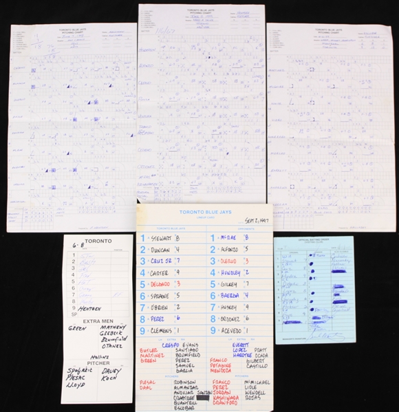 1997-2001 Toronto Blue Jays Dugout Line-Up Card, Pitching Charts, & Official Batting Order (Lot of 6)