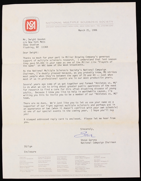 1986 Steve Garvey National Multiple Sclerosis Society Letter to Dwight Gooden
