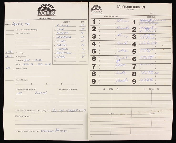 1993 Colorado Rockies Dugout Line-Up Card & Work Schedule 