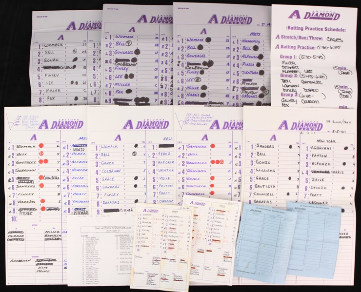 1999-2001 Arizona Diamond Backs Dugout Line-Up Cards, Official Batting Order, & Batting Practice Schedule (Lot of 13)