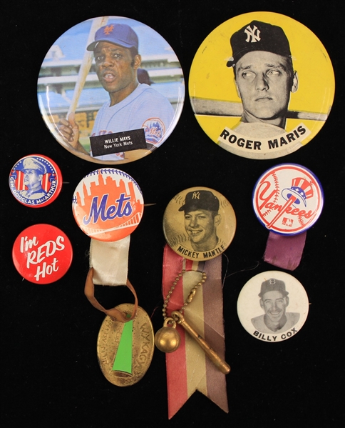 1950s-70s Baseball Pinback Button Collection - Lot of 8 w/ Mickey Mantle, Willie Mays, Roger Maris & More 