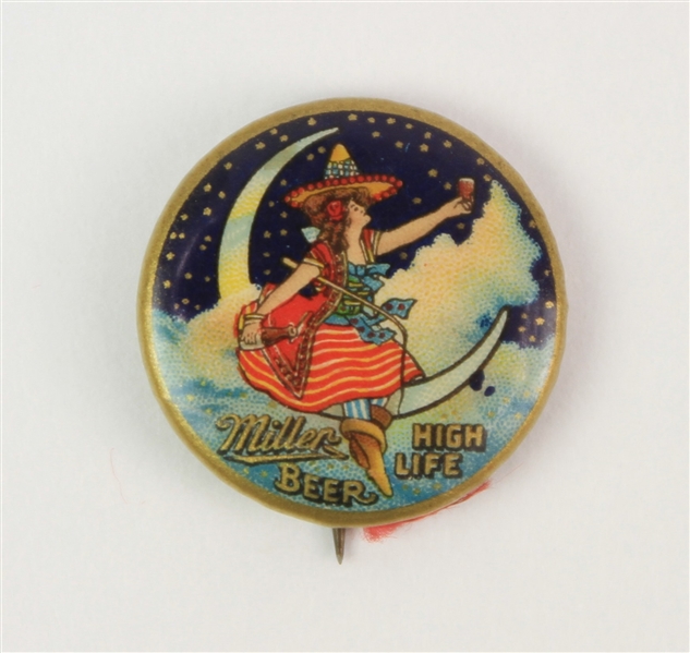 1900s Miller High Life Beer Girl in the Moon 0.875" Whitehead & Hoag Co. Pinback Button