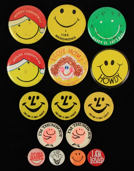 1970s Smiley Face Pinback Button Collection - Lot of 15