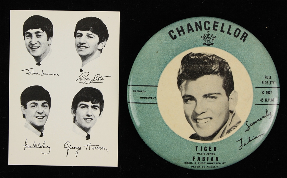 1959-60s The Beatles Facsimile Signed Card & Fabian 3.5" Tiger Pinback Button